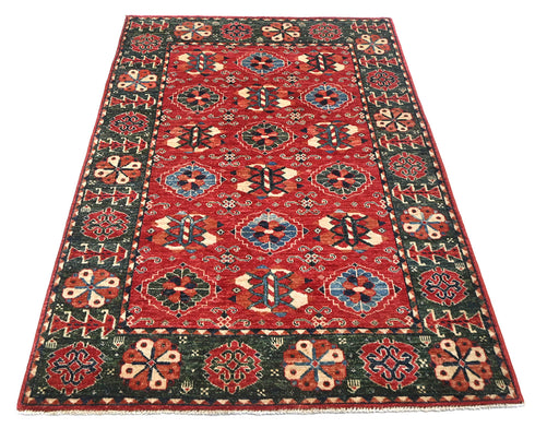4x6 Red Green Ersari Afghan Hand Knotted Veg Dye Wool Area Rug
